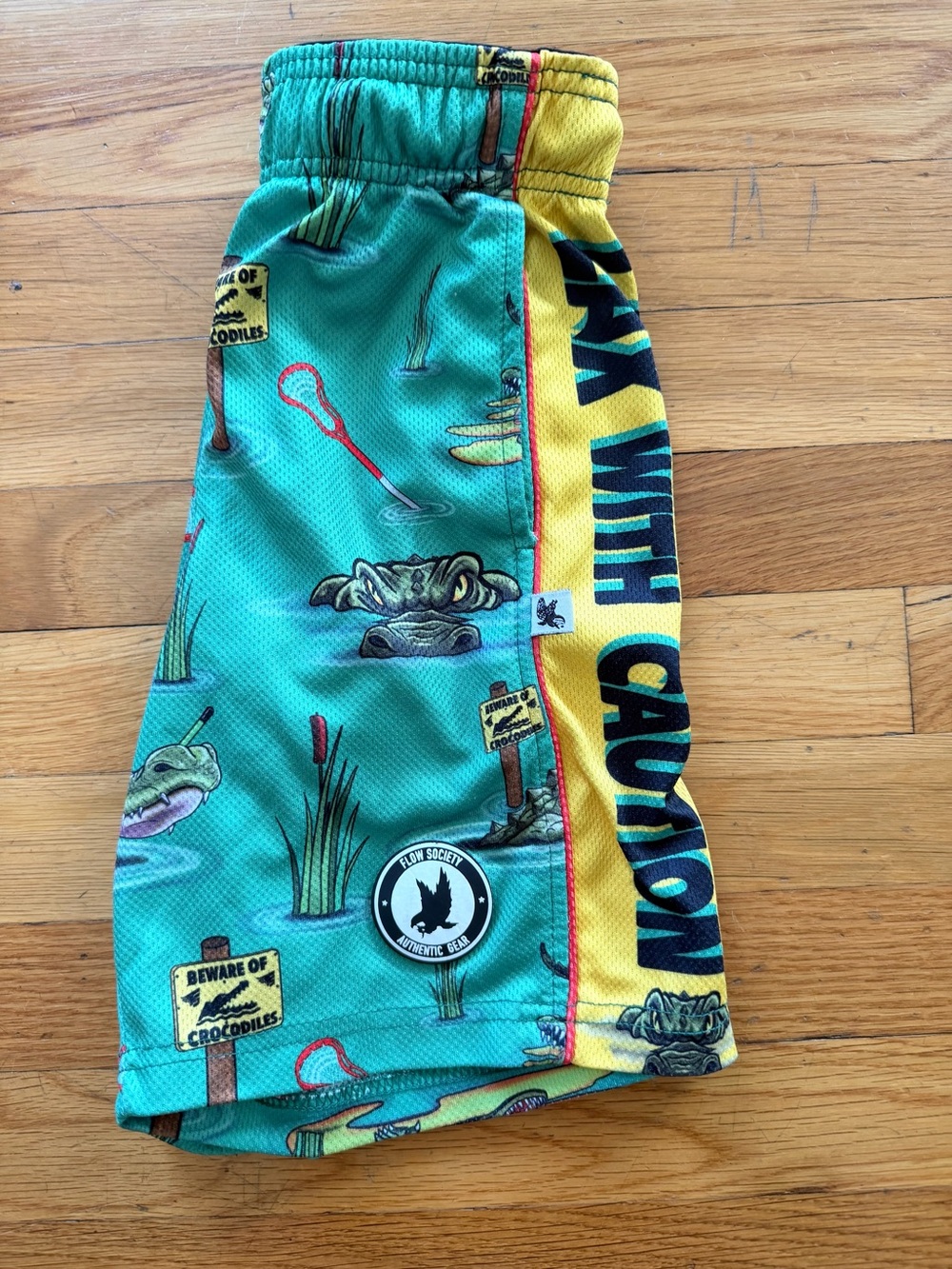 Kids Swim Trunks with Crocodile Print - Teal & Yellow